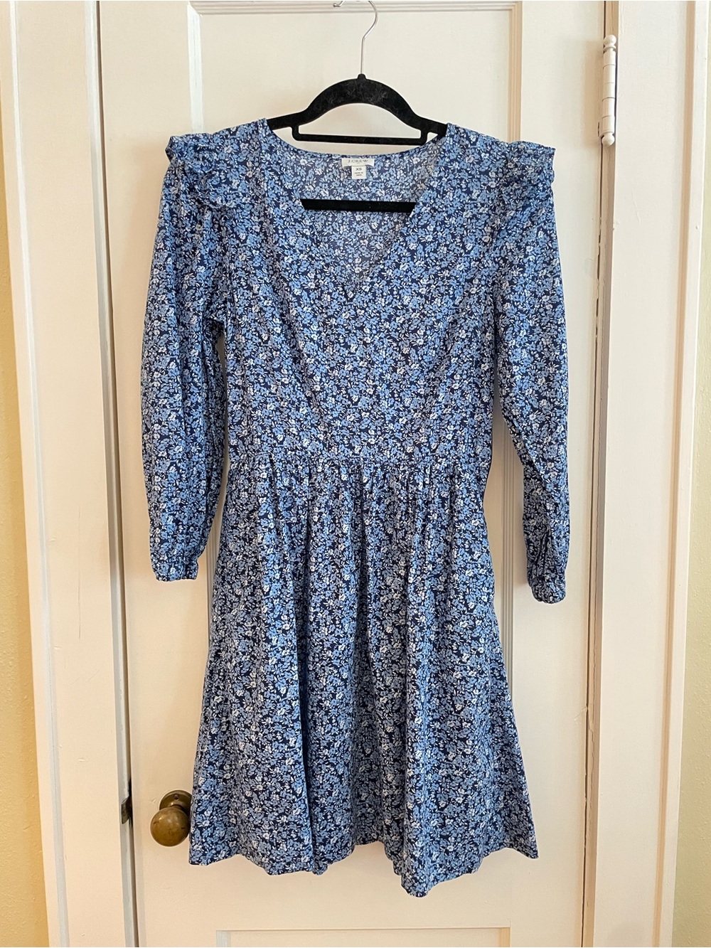 J. Crew Blue Floral V-Neck Long Sleeve Dress